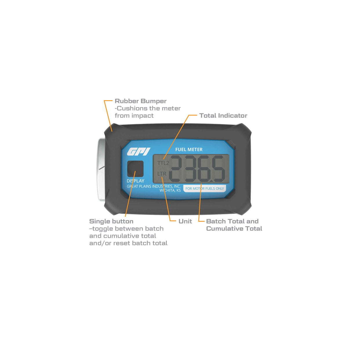 GPI 01A Digital Fuel Meter, 10-100 L/min, 1 in. NPT, Liters (113255-2) - view 2