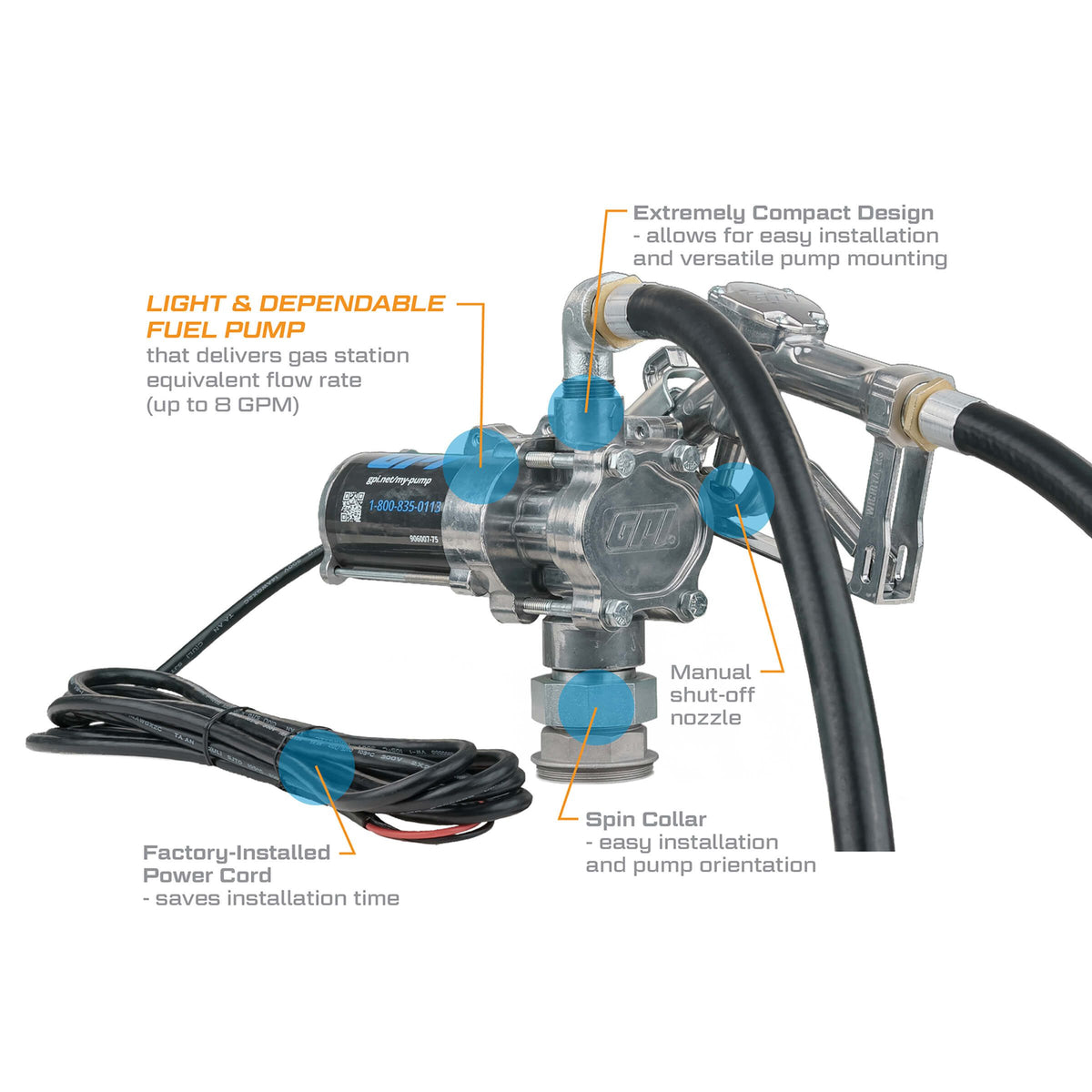 GPI EZ-8 8 GPM 12V Fuel Transfer Pump with Spin Collar and Manual Unleaded Nozzle (137100-05) - view 5