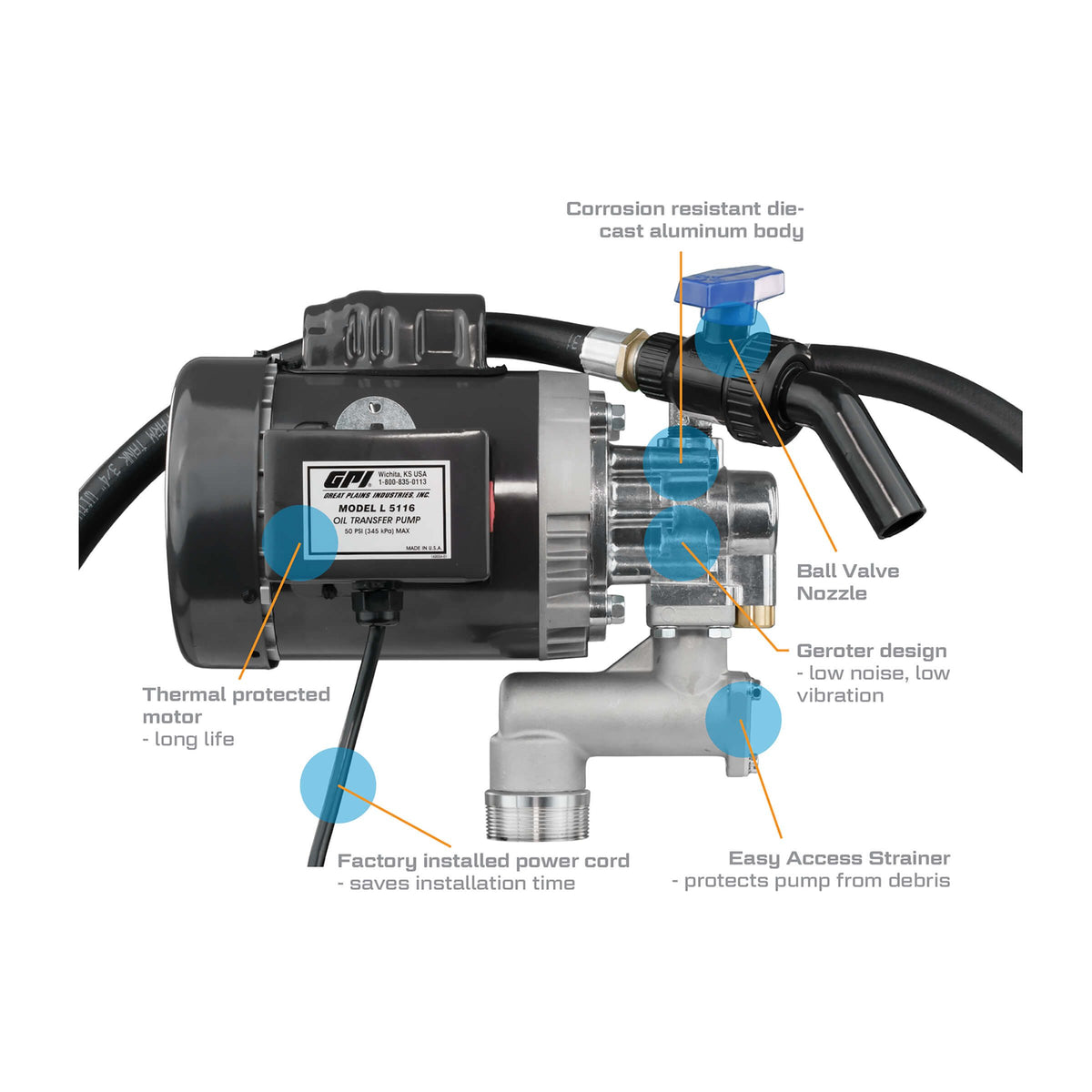 GPI L5116 4 GPM 115/230V AC Oil Transfer Pump with Hose and Nozzle (142100-01) - view 5
