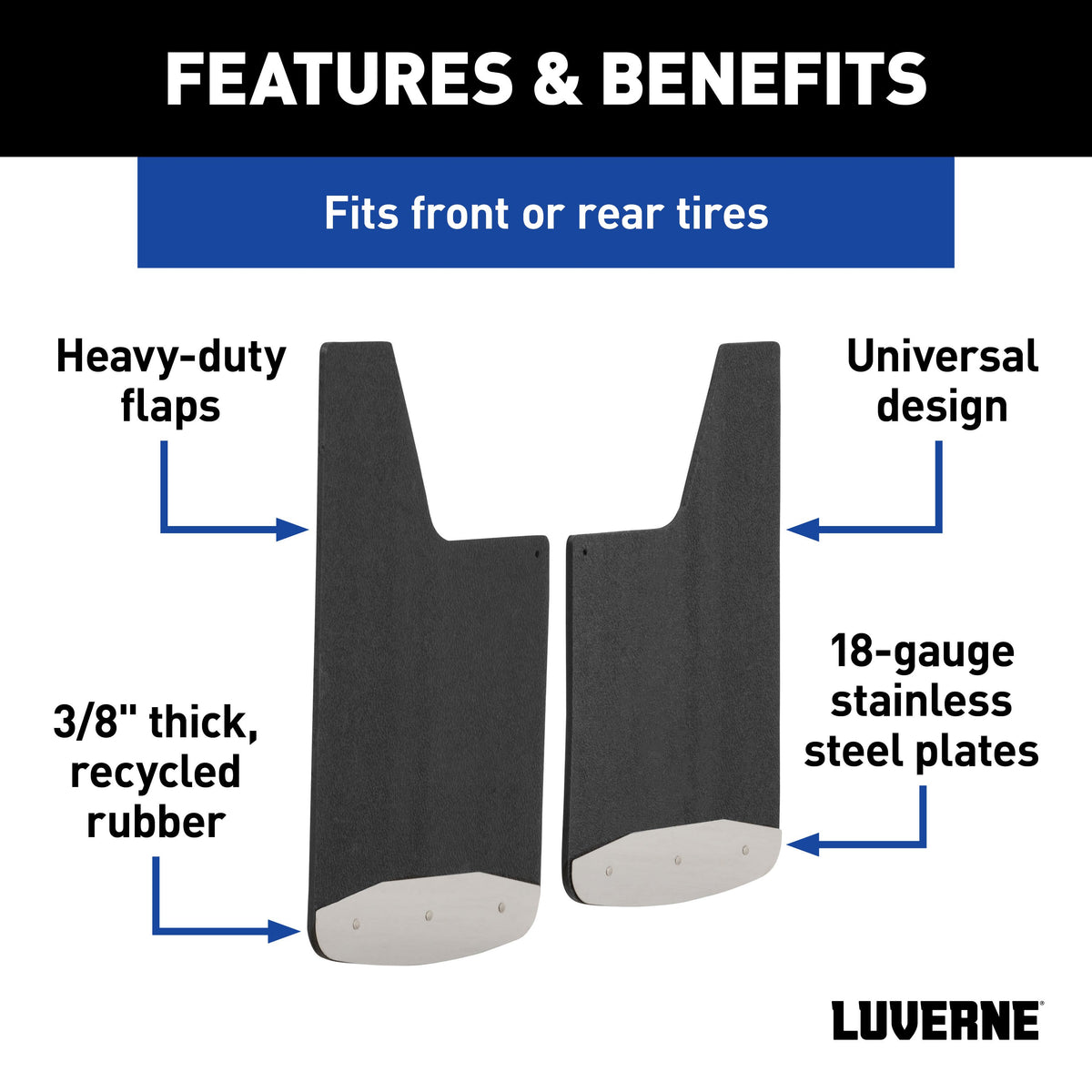 LUVERNE 250014 Universal Front or Rear 14-Inch x 23-Inch Textured Rubber Mud Guards with Stainless Steel Plates, 2 Flaps