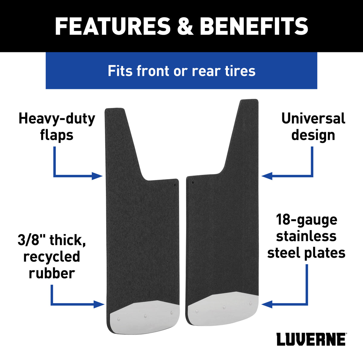 LUVERNE 251223 Universal Front or Rear 12-Inch x 23-Inch Textured Rubber Mud Guards with Stainless Steel Plates, 2 Flaps