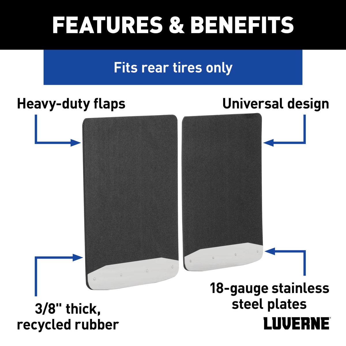 LUVERNE 252023 Universal Dually 20-Inch x 23-Inch Textured Rubber Mud Guards with Stainless Steel Plates, 2 Flaps