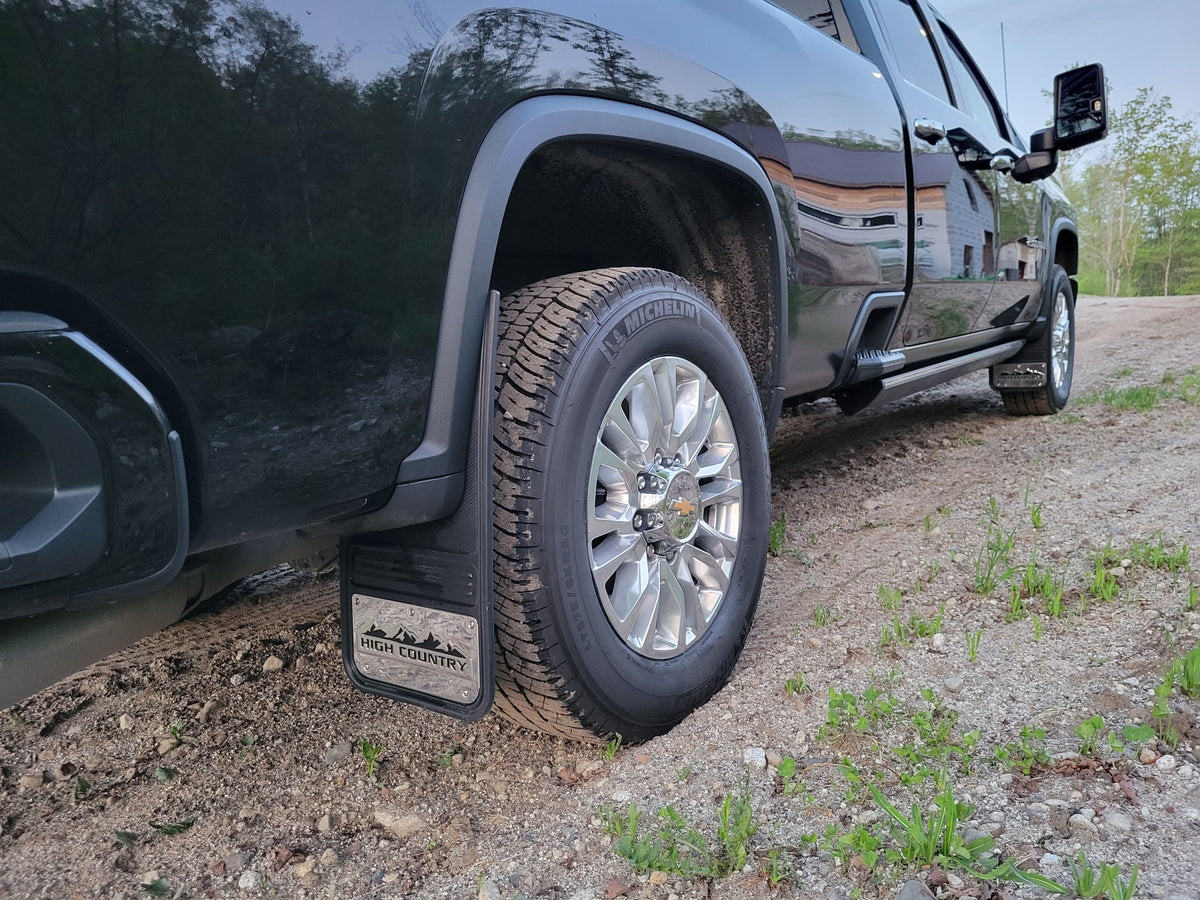 Gatorback CR Mud Flaps - High Country w/SS Plate - 23-26 Sierra/Silverado Dually WITH LINER - GCR220R-HC