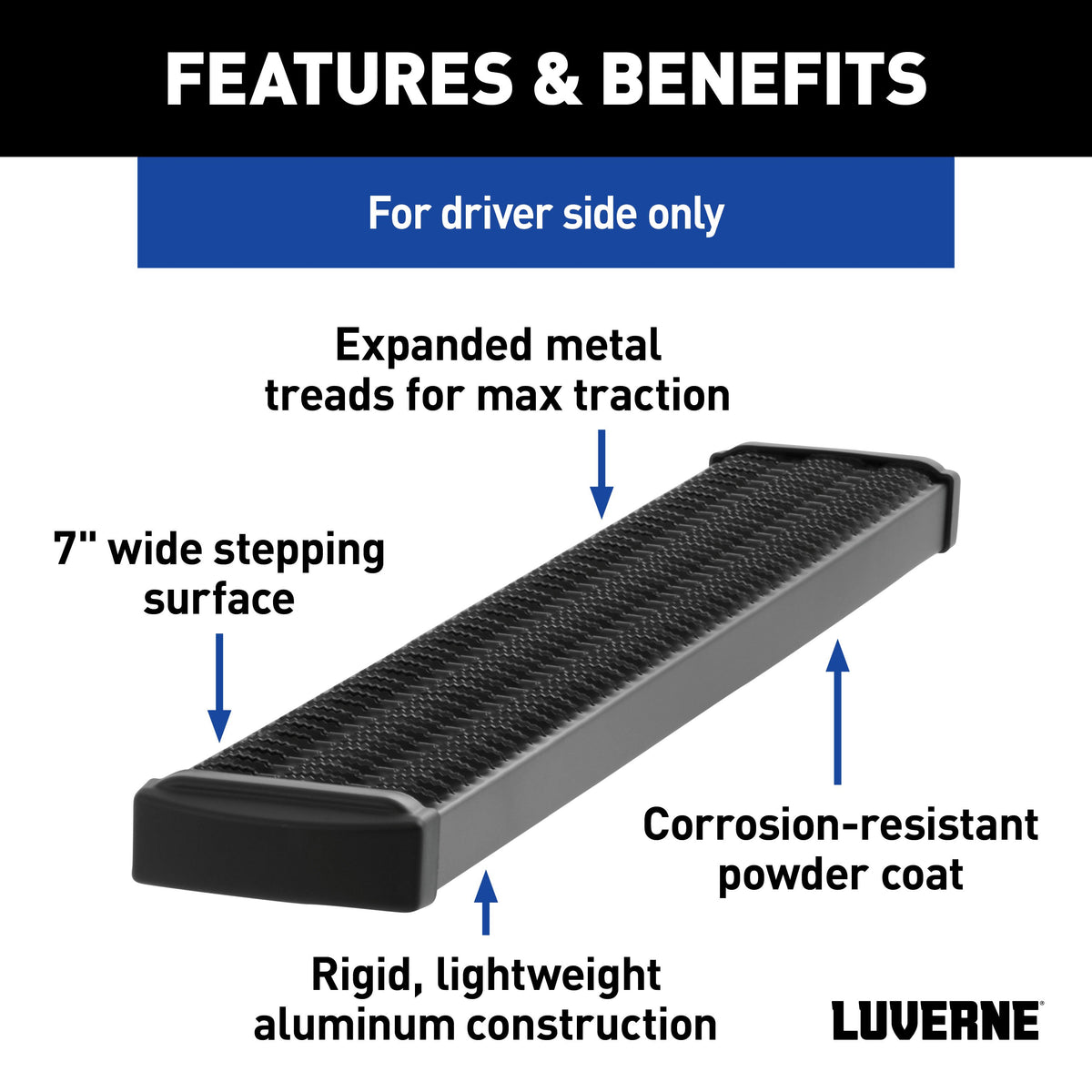LUVERNE 415236-401470 Grip Step Black Aluminum 36-In Running Board, Driver Side, Select Ram ProMaster 1500, 2500, 3500