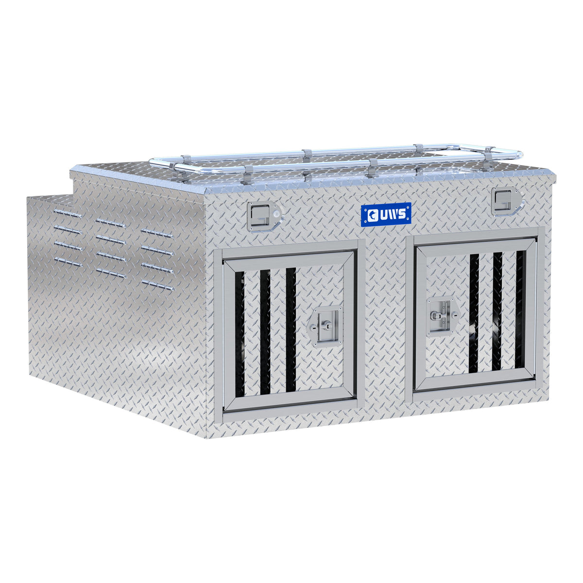 Bright Aluminum 48" x 48" Double-Door Dog Box with Full Enclosure & Storage