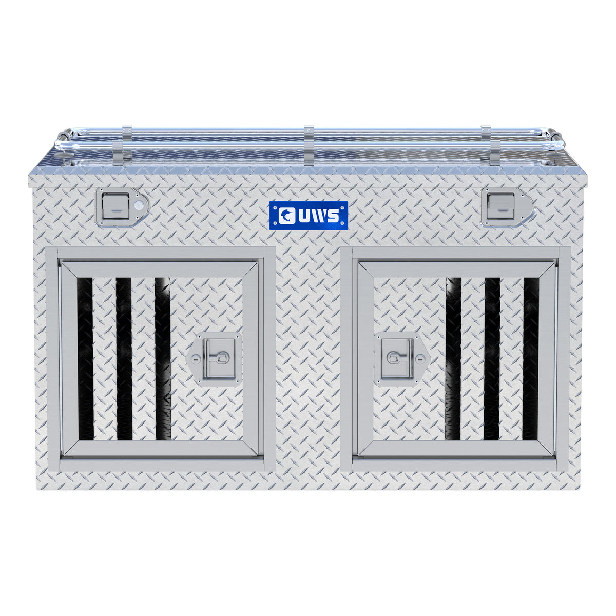 Bright Aluminum 48" x 48" Double-Door Dog Box with Full Enclosure & Storage