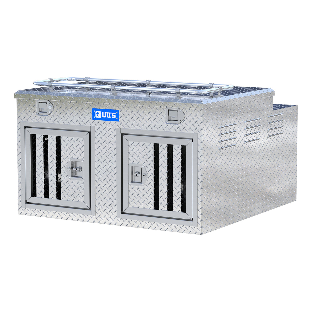 Bright Aluminum 48" x 48" Double-Door Dog Box with Full Enclosure & Storage