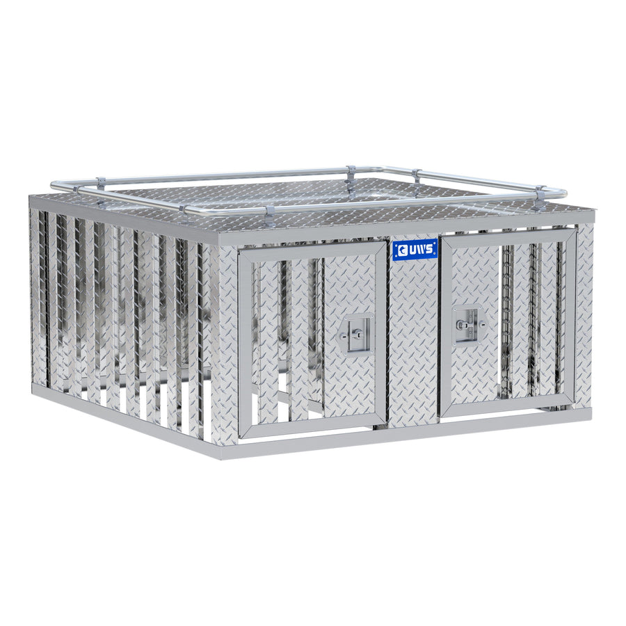 Bright Aluminum 48" x 48" Double-Door Dog Box with Divider