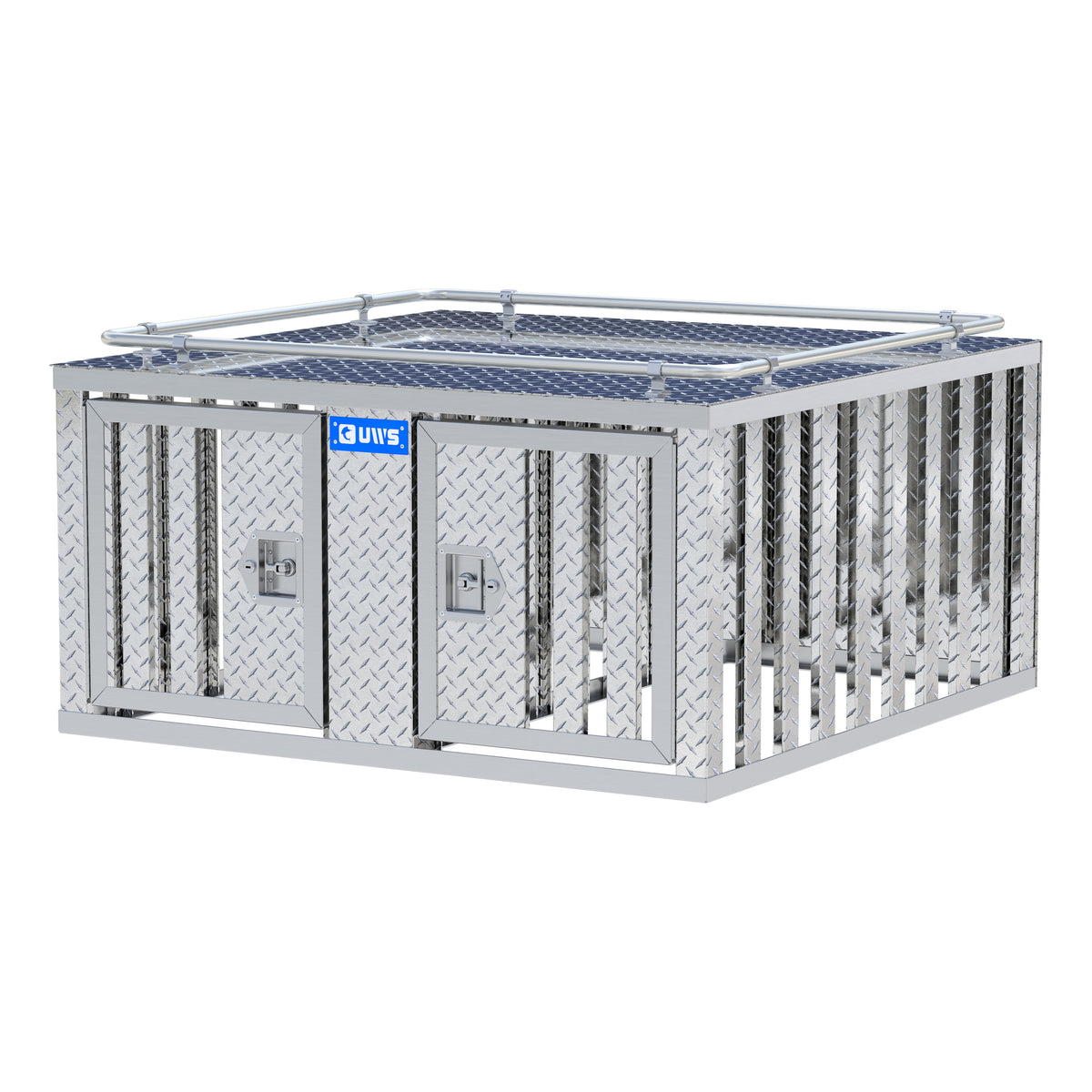 Bright Aluminum 48" x 48" Double-Door Dog Box with Divider