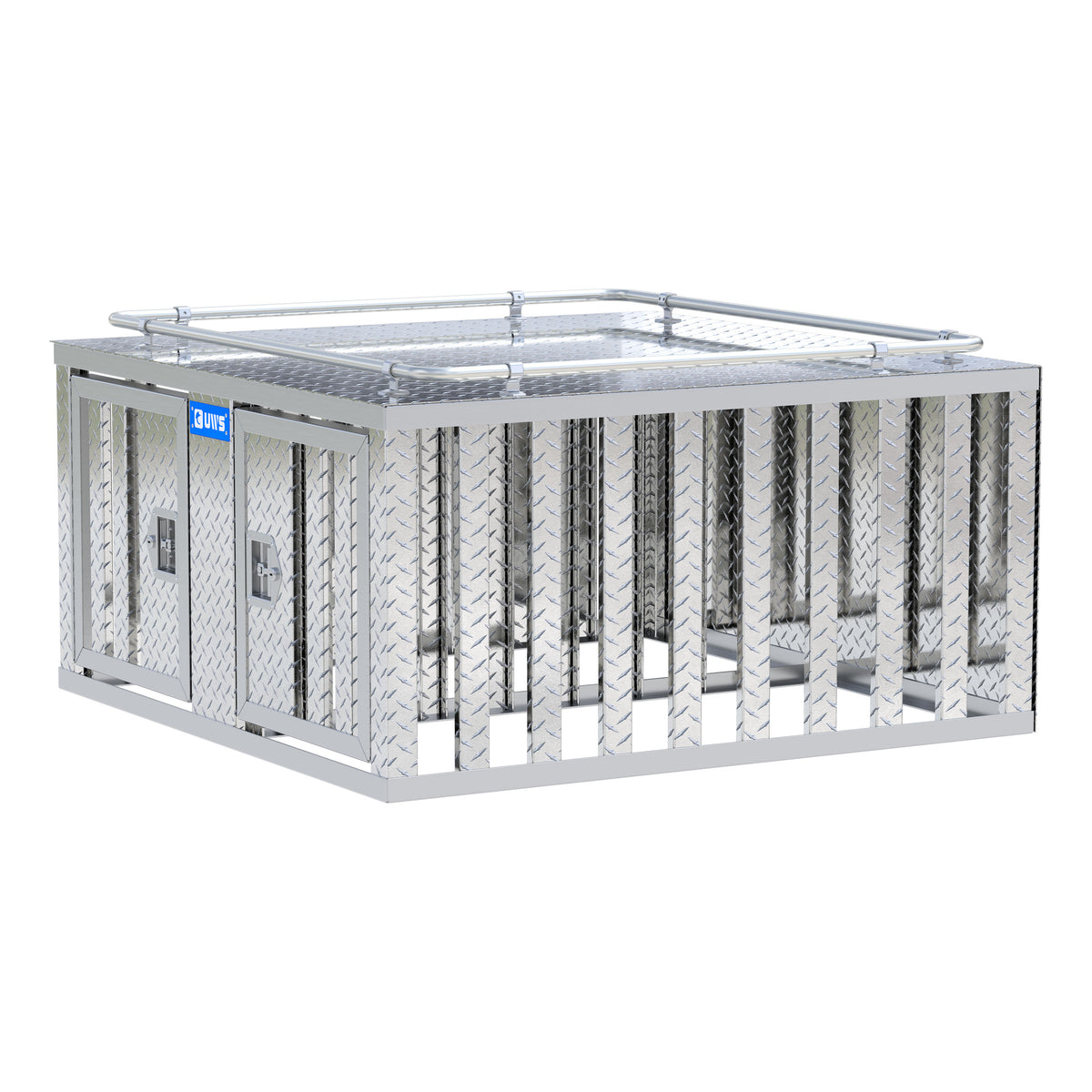 Bright Aluminum 48" x 48" Double-Door Dog Box with Divider
