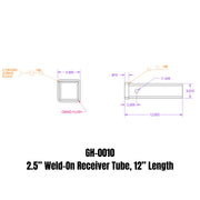 GEN-Y Hitch Weld-On Receiver Tube 2.5" x 2.5" x 12"