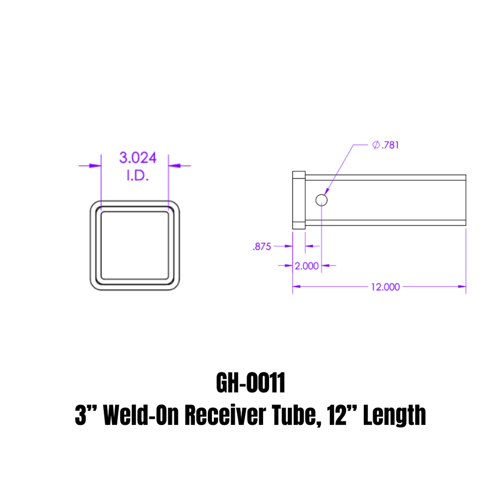 GEN-Y Hitch Weld-On Receiver Tube 3" x 3" x 12"