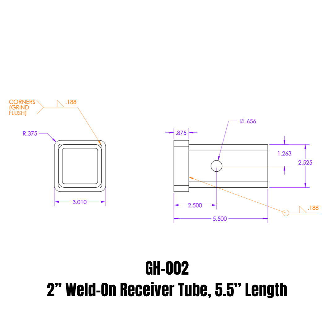 GEN-Y Hitch Weld-On Receiver Tube 2" x 2" x 5.5"