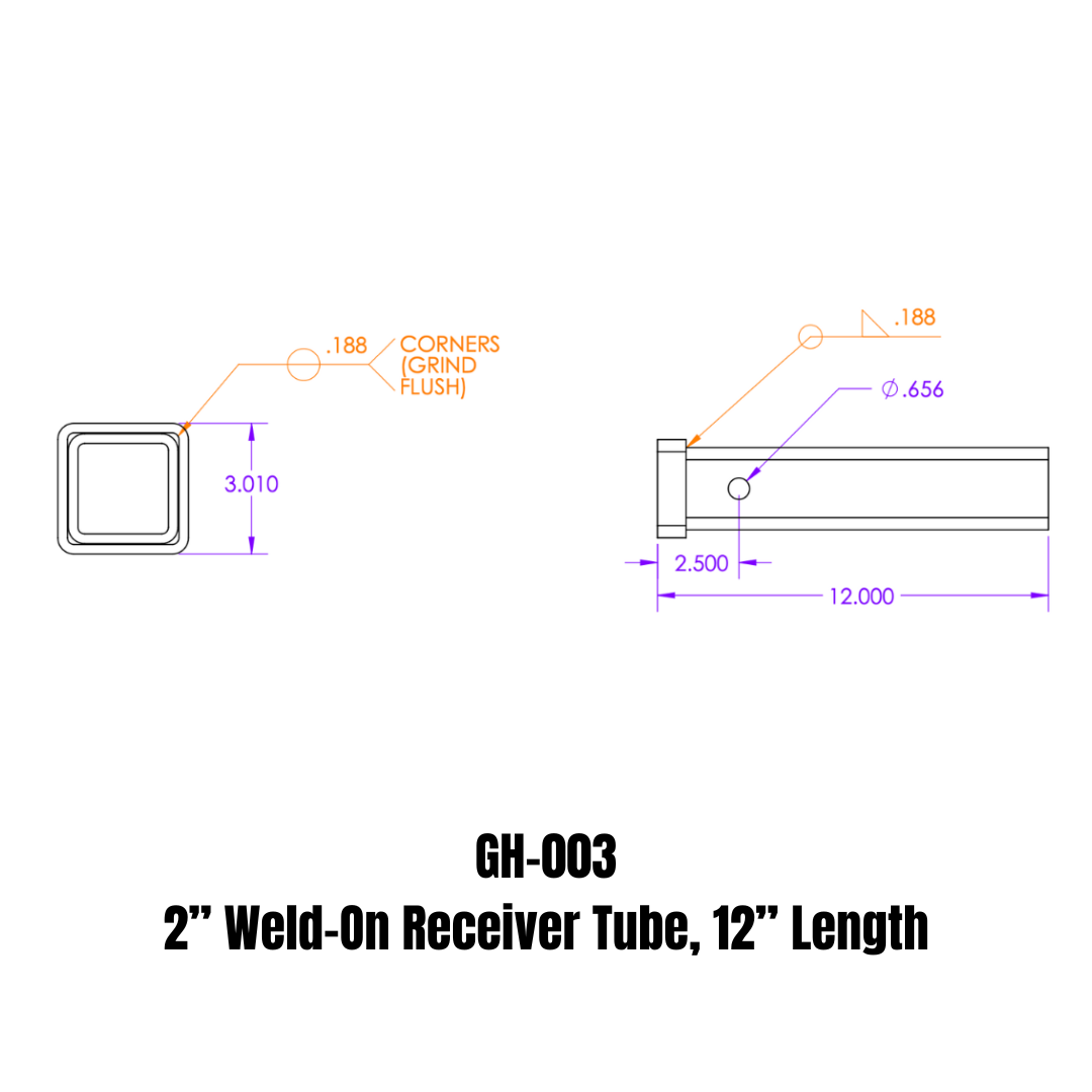 GEN-Y Hitch Weld-On Receiver Tube 2" x 2" x 12"