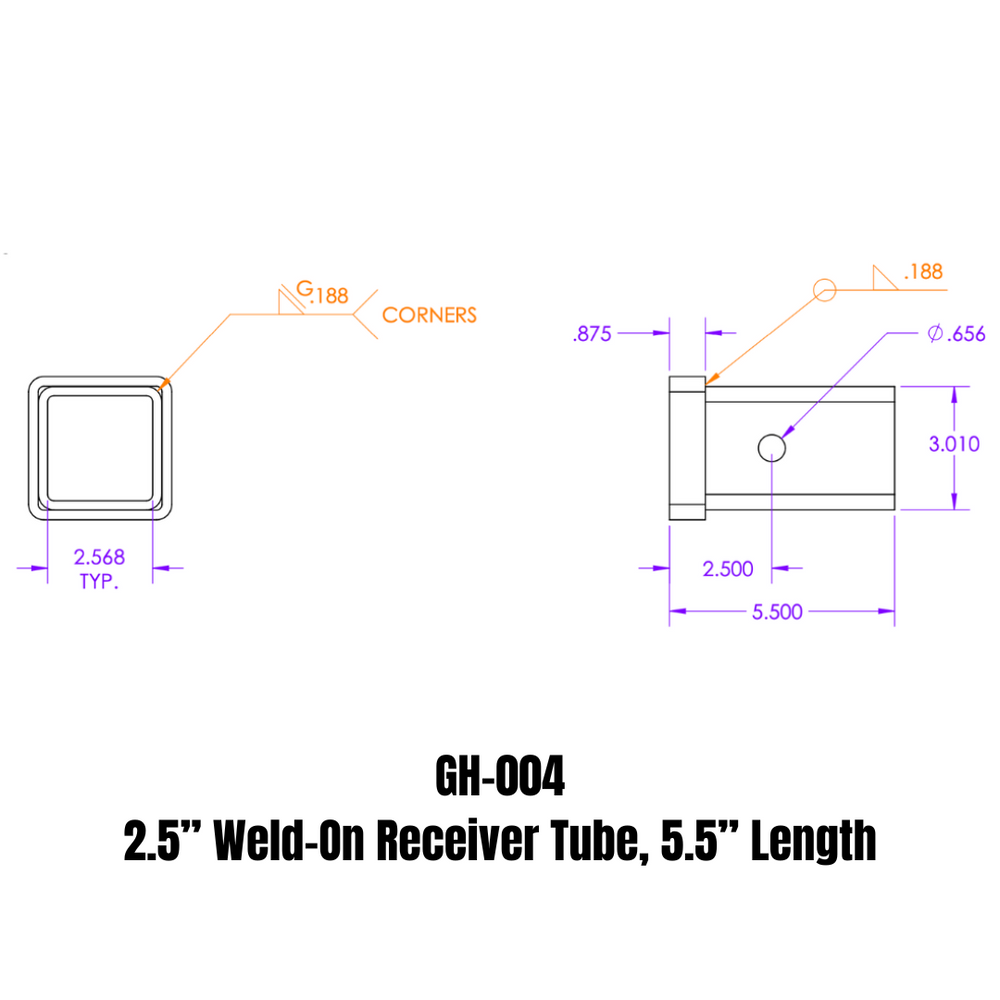 GEN-Y Hitch Weld-On Receiver Tube 2.5" x 2.5" x 5.5"
