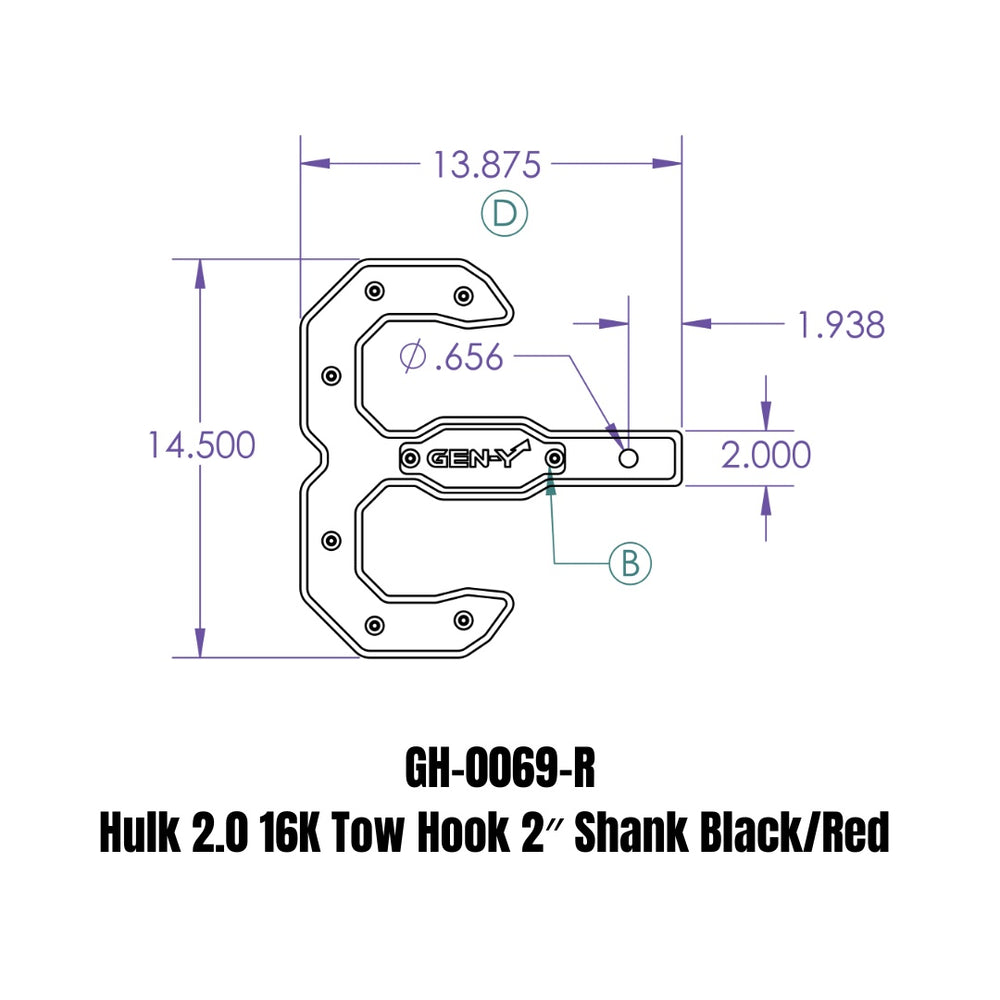 GEN-Y Hitch Hulk 2.0 16K Tow Hook 2" Shank Black/Red