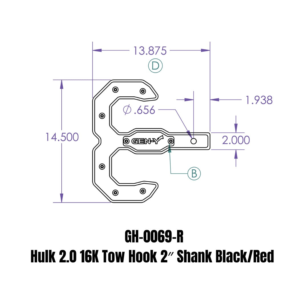 GEN-Y Hitch Hulk 2.0 16K Tow Hook 2" Shank Black/Red