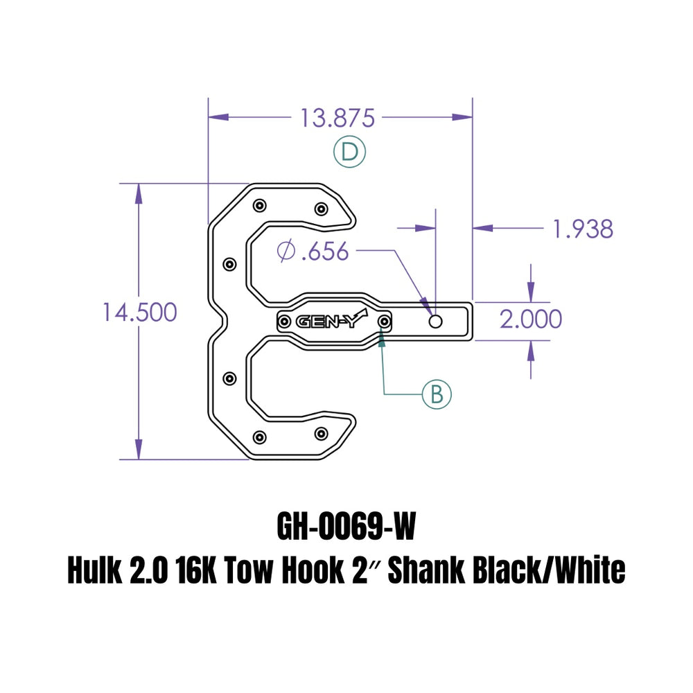 GEN-Y Hitch Hulk 2.0 16K Tow Hook 2" Shank Black/White