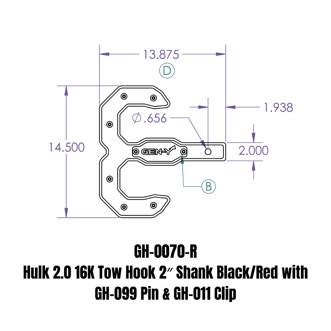 GEN-Y Hitch Hulk 2.0 16K Tow Hook 2" Shank Black/Red with GH-099 Pin & GH-011 Clip
