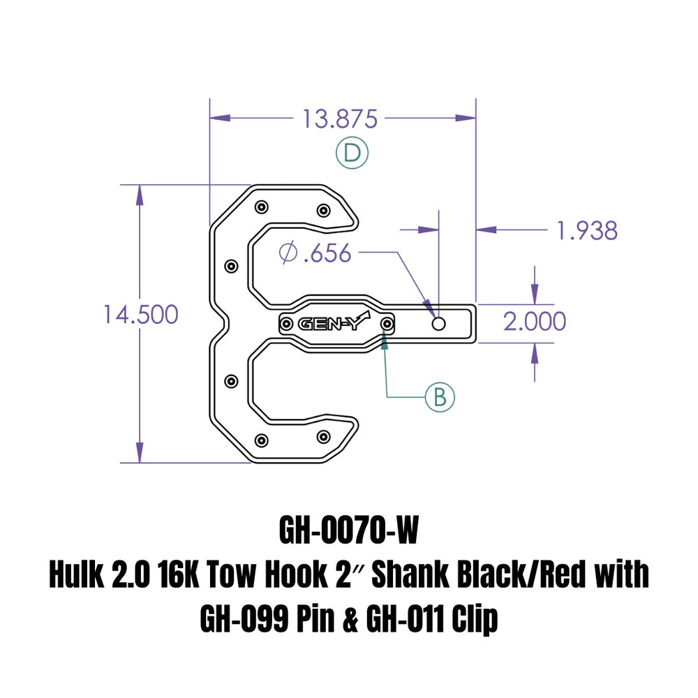 GEN-Y Hitch Hulk 2.0 16K Tow Hook 2" Shank Black/White with GH-099 Pin & GH-011 Clip