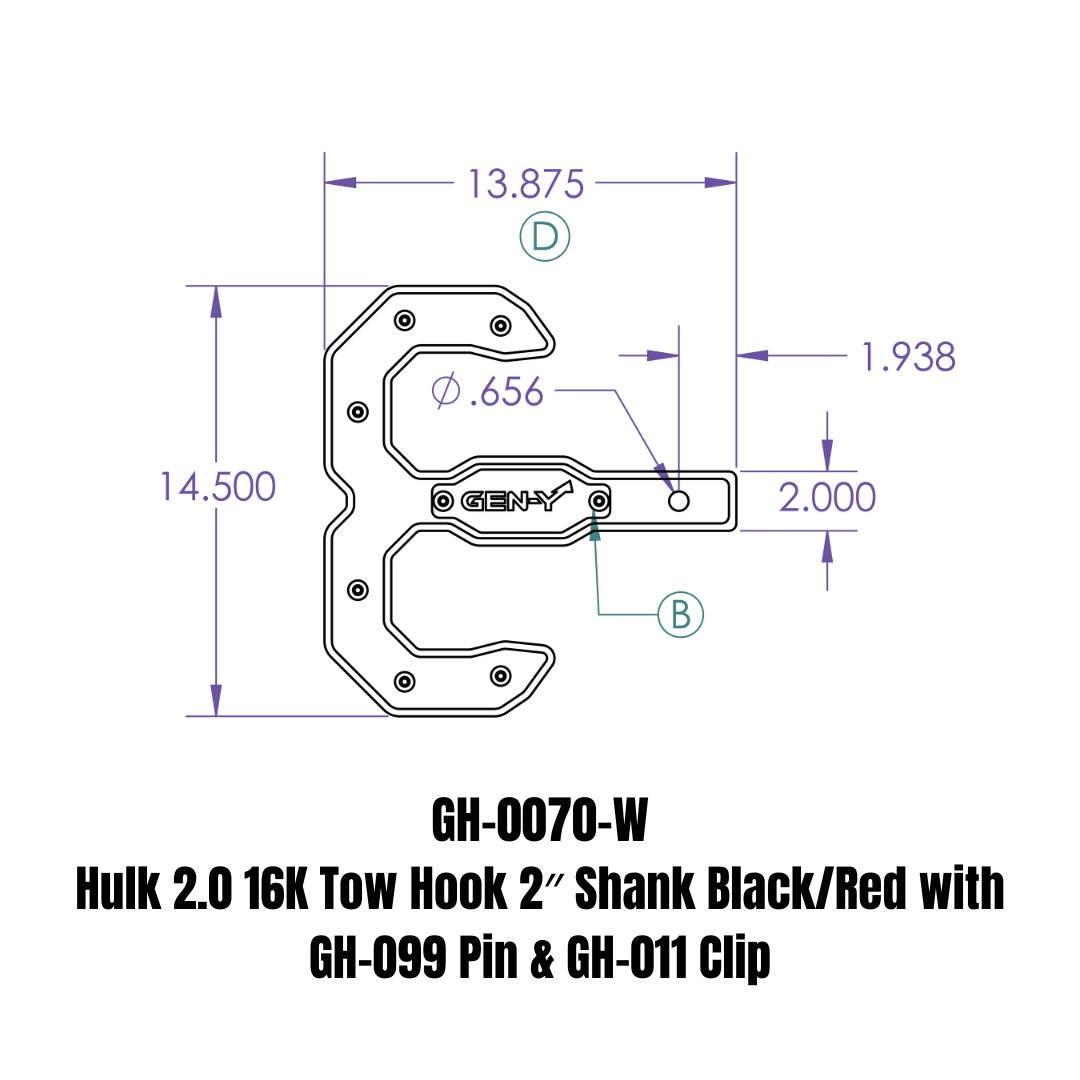 GEN-Y Hitch Hulk 2.0 16K Tow Hook 2" Shank Black/White with GH-099 Pin & GH-011 Clip