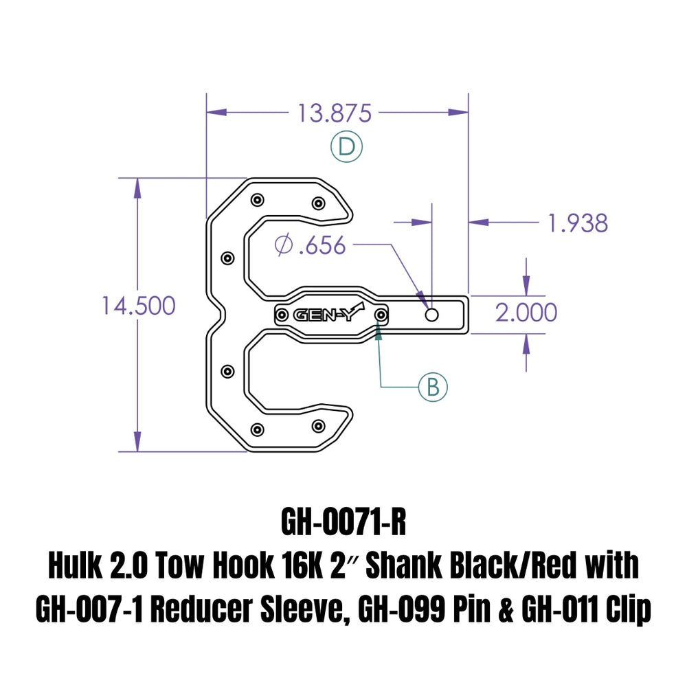 GEN-Y Hitch Hulk 2.0 Tow Hook 16K 2" Shank Black/Red with GH-007-1 Reducer Sleeve, GH-099 Pin & GH-011 Clip