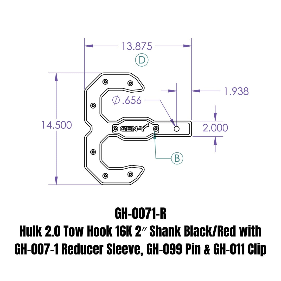 GEN-Y Hitch Hulk 2.0 Tow Hook 16K 2" Shank Black/Red with GH-007-1 Reducer Sleeve, GH-099 Pin & GH-011 Clip