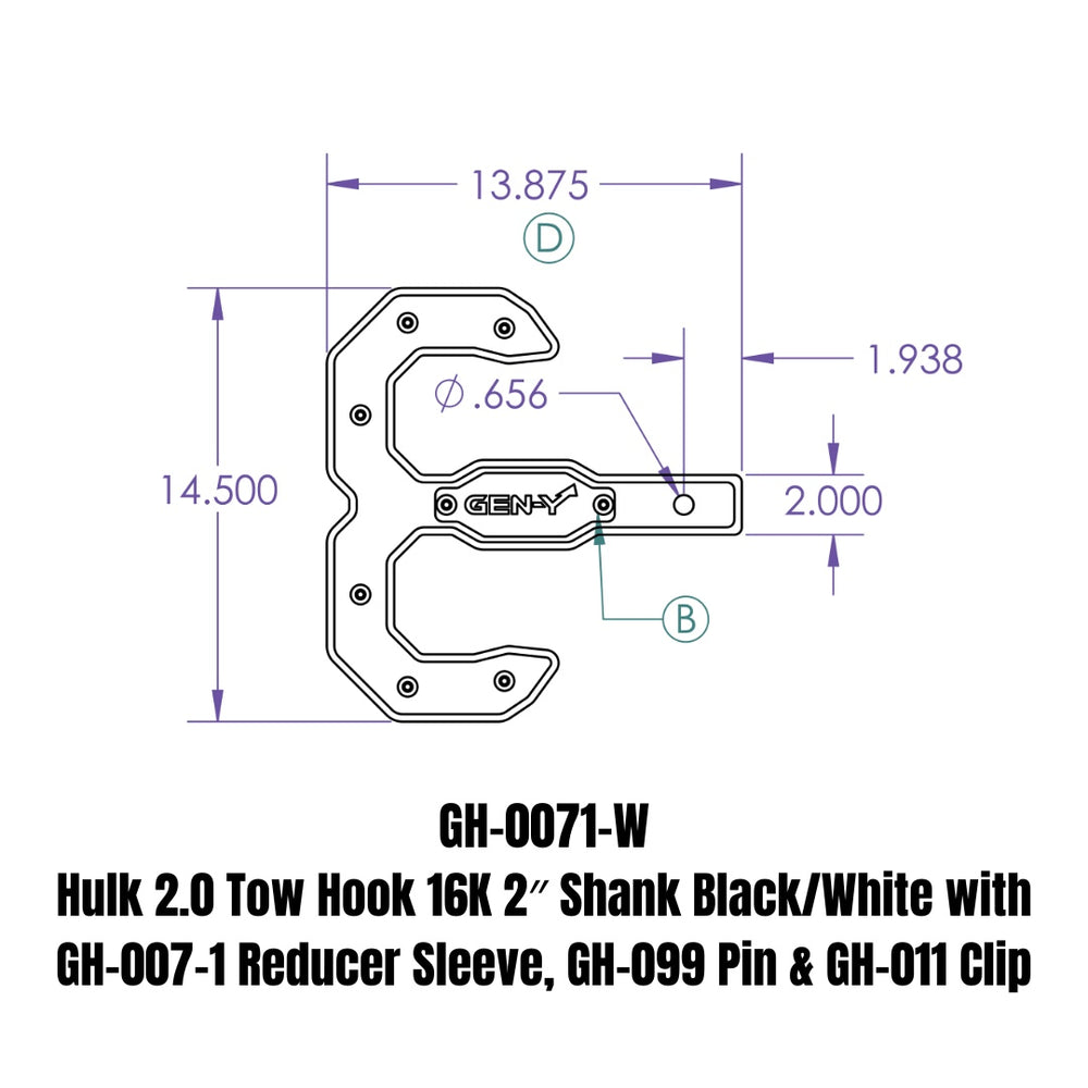 GEN-Y Hitch Hulk 2.0 Tow Hook 16K 2" Shank Black/White with GH-007-1 Reducer Sleeve, GH-099 Pin & GH-011 Clip