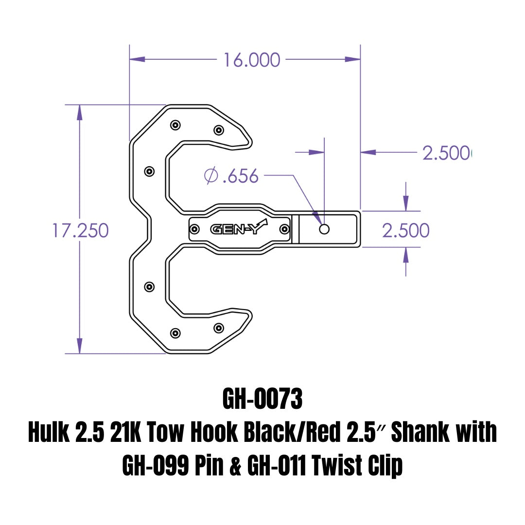 GEN-Y Hitch Hulk 2.5 21K Tow Hook Black/Red 2.5" Shank with GH-099 Pin & GH-011 Twist Clip