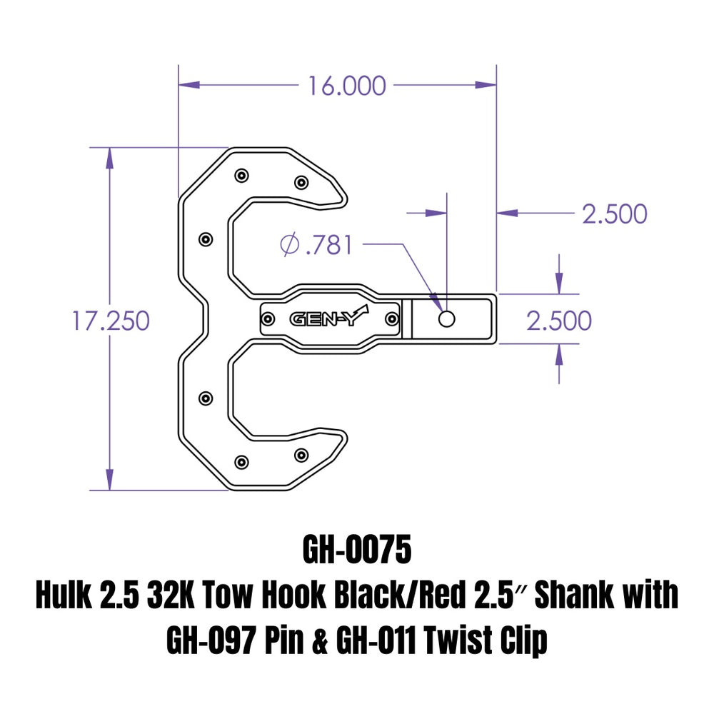 GEN-Y Hitch Hulk 2.5 32K Tow Hook Black/Red 2.5" Shank with GH-097 Pin & GH-011 Twist Clip