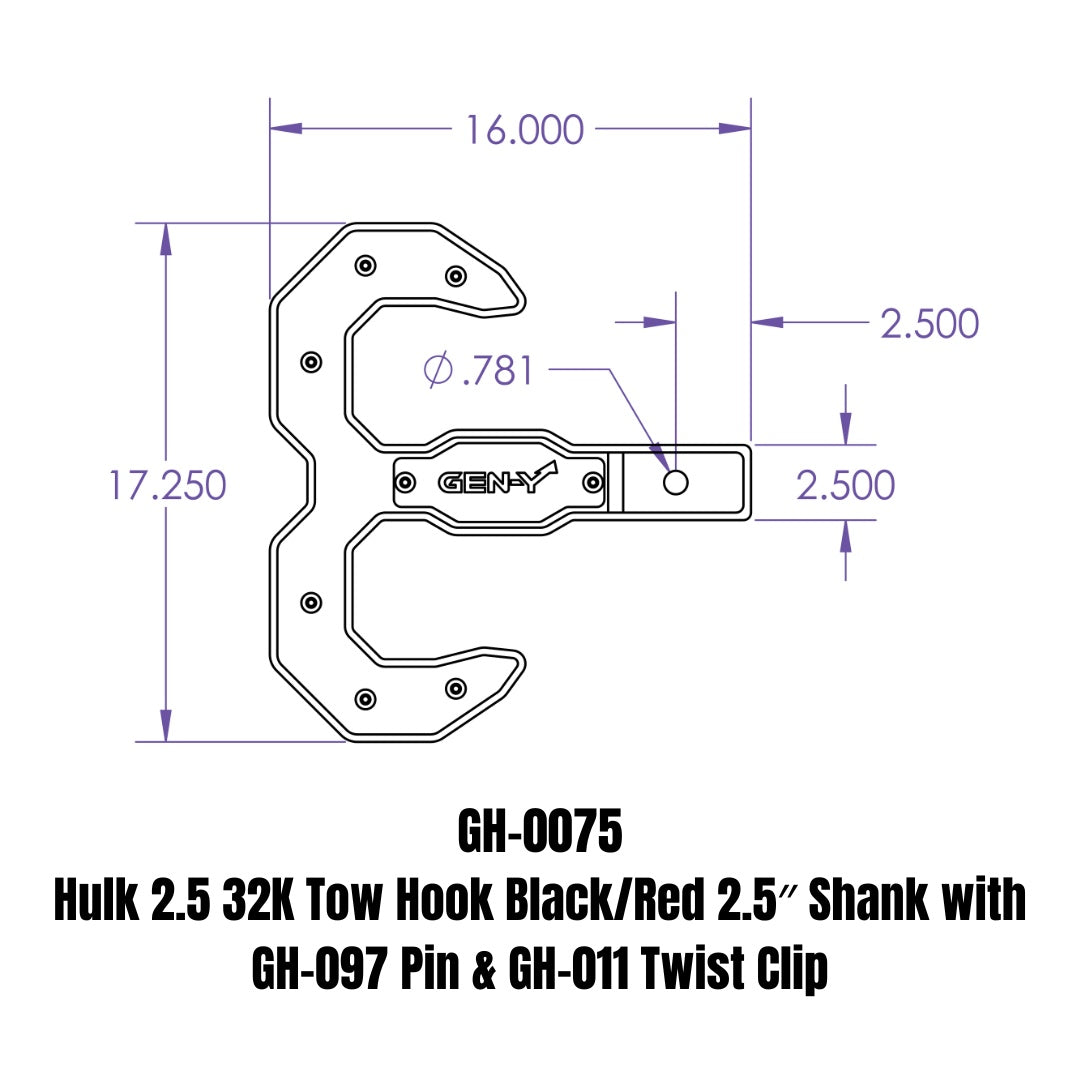 GEN-Y Hitch Hulk 2.5 32K Tow Hook Black/Red 2.5" Shank with GH-097 Pin & GH-011 Twist Clip