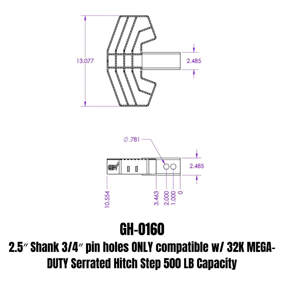 GEN-Y Hitch 2.5" Shank 3/4" pin holes ONLY compatible w/ 32K MEGA-DUTY Serrated Hitch Step 500 LB Capacity