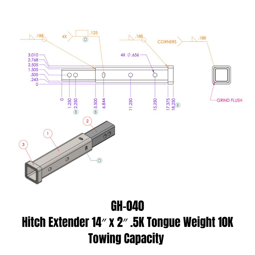 GEN-Y Hitch Hitch Extender 14" x 2" .5K TW 10K Towing
