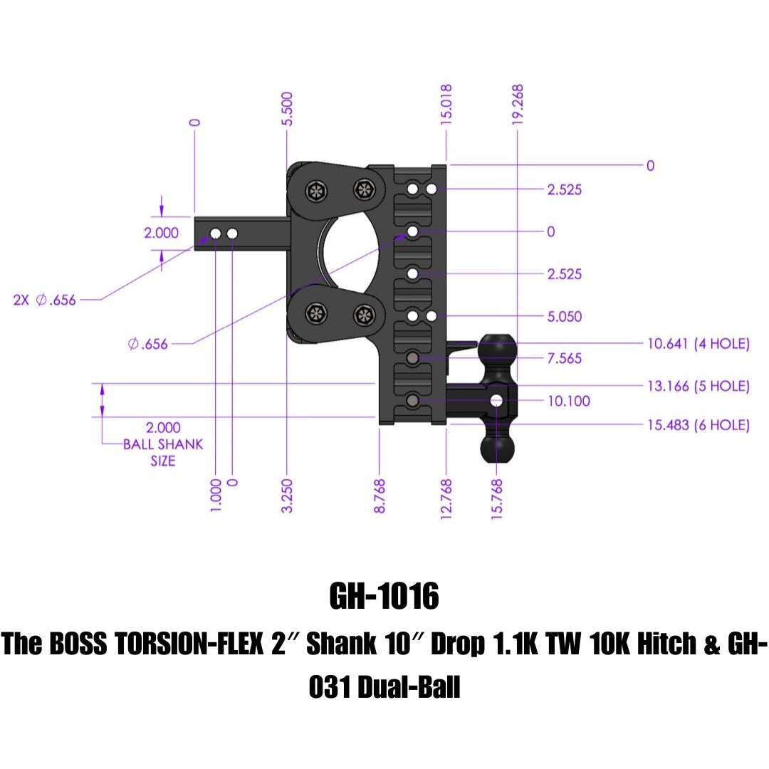 GEN-Y Hitch The BOSS TORSION-FLEX 2" Shank 10" Drop 1.1K TW 10K Hitch & GH-031 Dual-Ball