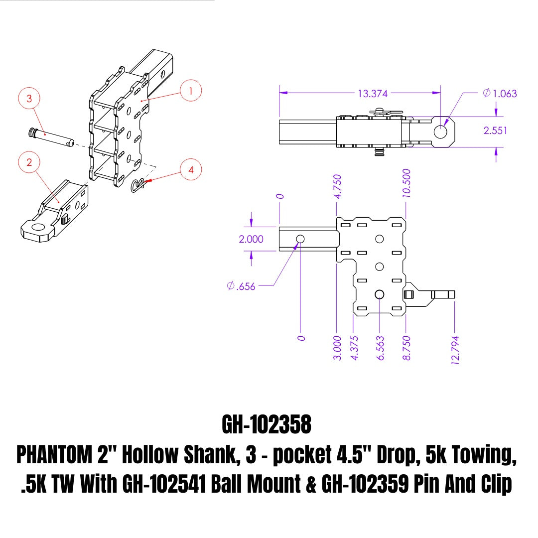 GEN-Y Hitch PHANTOM Series- 2" Hollow Shank, 3 - pocket 4.5" Drop, 5k Towing, .5K TW With GH-102541 Ball Mount & GH-102359 Pin And Clip