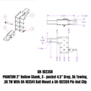 GEN-Y Hitch PHANTOM Series- 2" Hollow Shank, 3 - pocket 4.5" Drop, 5k Towing, .5K TW With GH-102541 Ball Mount & GH-102359 Pin And Clip