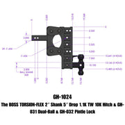 GEN-Y Hitch The BOSS TORSION-FLEX 2" Shank 5" Drop 1.1K TW 10K Hitch & GH-031 Dual-Ball & GH-032 Pintle Lock