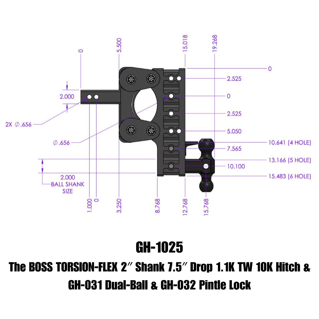 GEN-Y Hitch The BOSS TORSION-FLEX 2" Shank 7.5" Drop 1.1K TW 10K Hitch & GH-031 Dual-Ball & GH-032 Pintle Lock