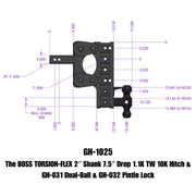 GEN-Y Hitch The BOSS TORSION-FLEX 2" Shank 7.5" Drop 1.1K TW 10K Hitch & GH-031 Dual-Ball & GH-032 Pintle Lock