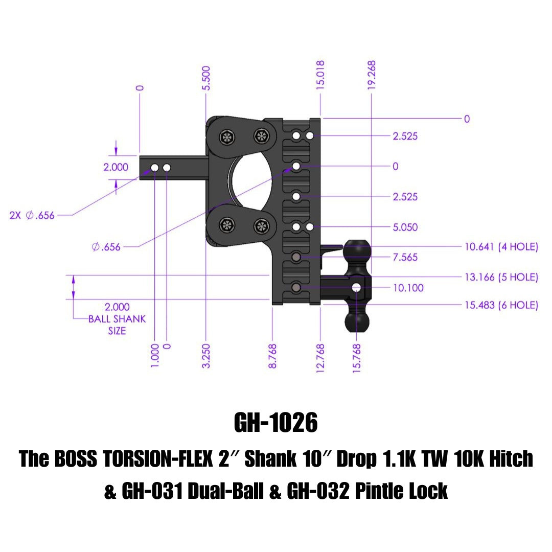 GEN-Y Hitch The BOSS TORSION-FLEX 2" Shank 10" Drop 1.1K TW 10K Hitch & GH-031 Dual-Ball & GH-032 Pintle Lock