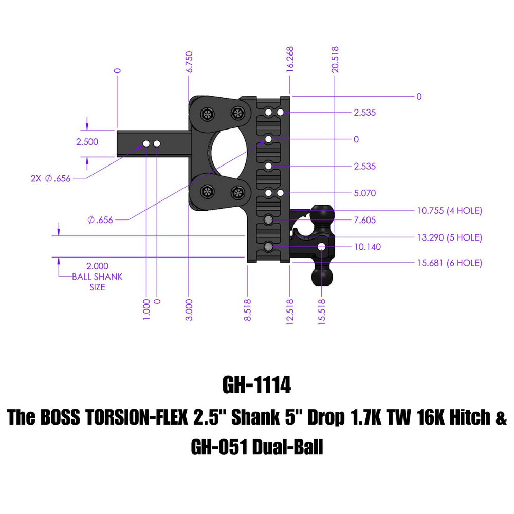 GEN-Y Hitch The BOSS TORSION-FLEX 2.5" Shank 5" Drop 1.7K TW 16K Hitch & GH-051 Dual-Ball