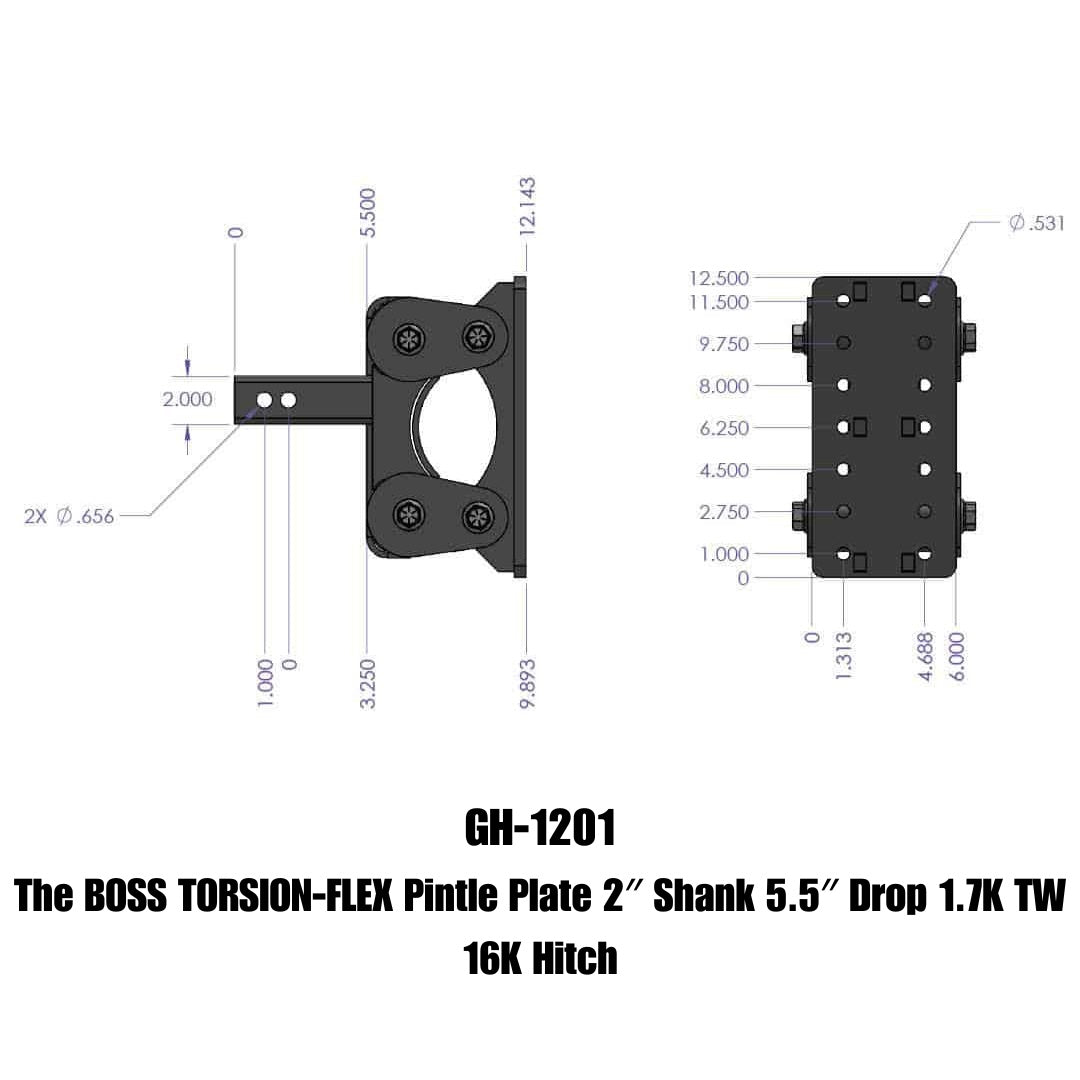 GEN-Y Hitch The BOSS TORSION-FLEX Pintle Plate 2" Shank 5.5" Drop 1.7K TW 16K Hitch