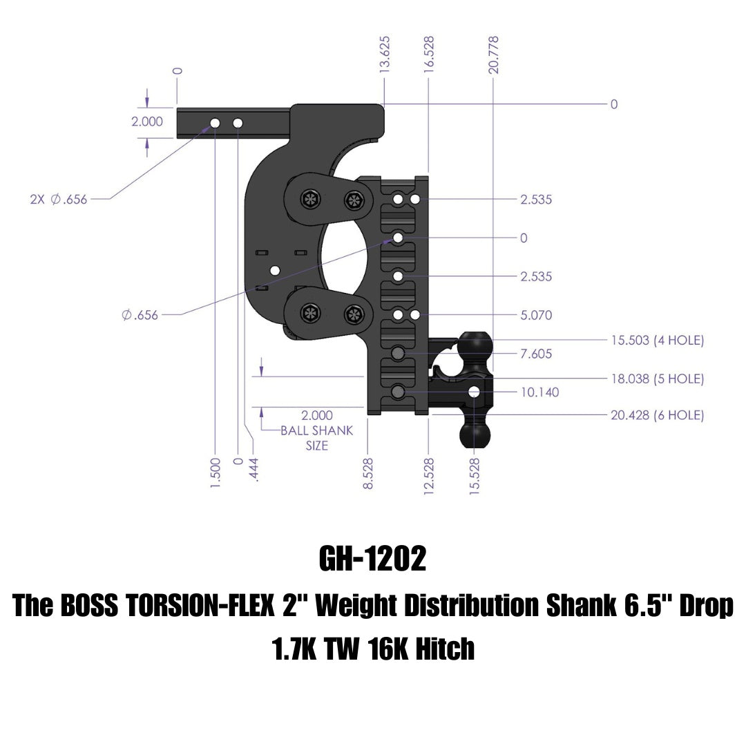 GEN-Y Hitch The BOSS TORSION-FLEX 2" Weight Distribution Shank 6.5" Drop 1.7K TW 16K Hitch