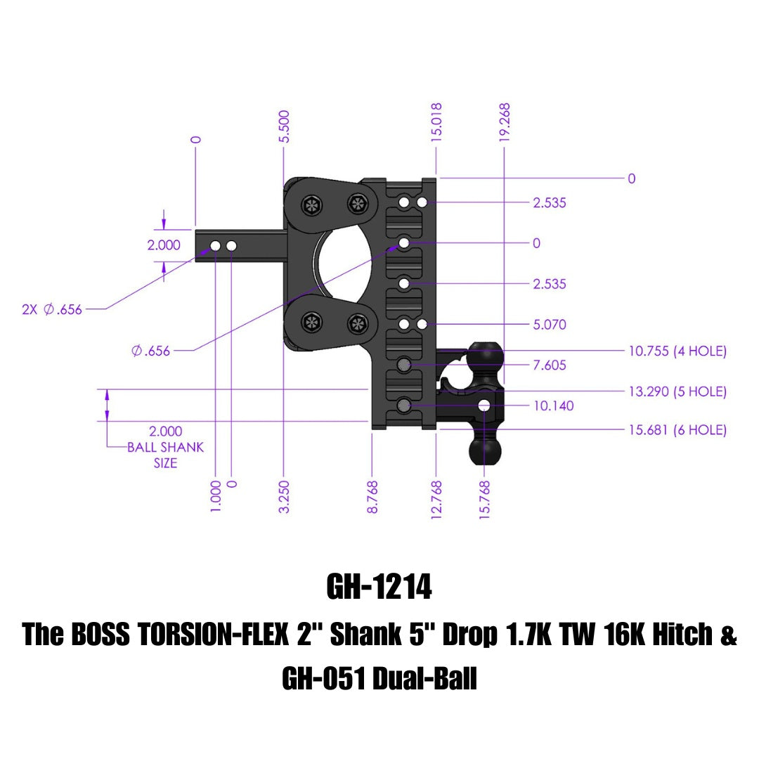 GEN-Y Hitch The BOSS TORSION-FLEX 2" Shank 5" Drop 1.7K TW 16K Hitch & GH-051 Dual-Ball