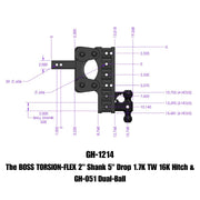 GEN-Y Hitch The BOSS TORSION-FLEX 2" Shank 5" Drop 1.7K TW 16K Hitch & GH-051 Dual-Ball