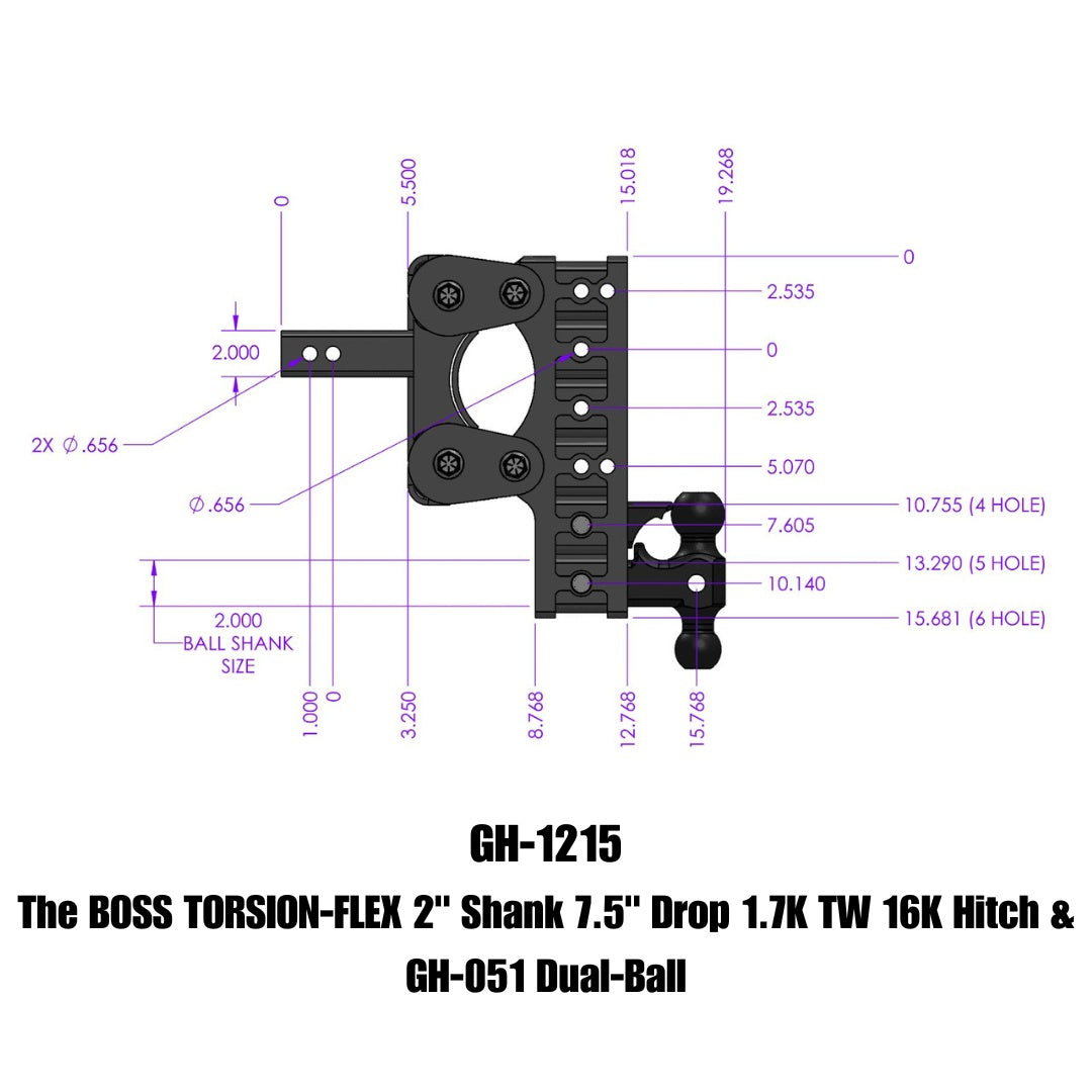 GEN-Y Hitch The BOSS TORSION-FLEX 2" Shank 7.5" Drop 1.7K TW 16K Hitch & GH-051 Dual-Ball