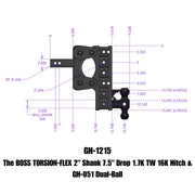 GEN-Y Hitch The BOSS TORSION-FLEX 2" Shank 7.5" Drop 1.7K TW 16K Hitch & GH-051 Dual-Ball