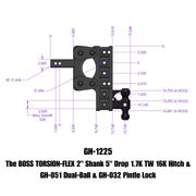 GEN-Y Hitch The BOSS TORSION-FLEX 2" Shank 7.5" Drop 1.7K TW 16K Hitch & GH-051 Dual-Ball & GH-032 Pintle Lock