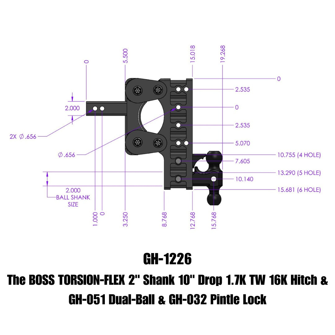 GEN-Y Hitch The BOSS TORSION-FLEX 2" Shank 10" Drop 1.7K TW 16K Hitch & GH-051 Dual-Ball & GH-032 Pintle Lock