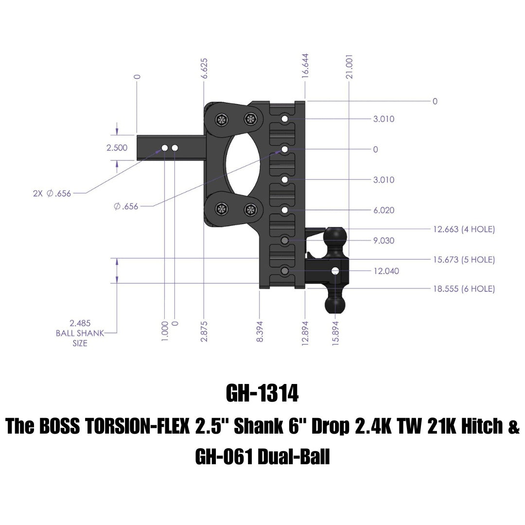 GEN-Y Hitch The BOSS TORSION-FLEX 2.5" Shank 6" Drop 2.4K TW 21K Hitch & GH-061 Dual-Ball